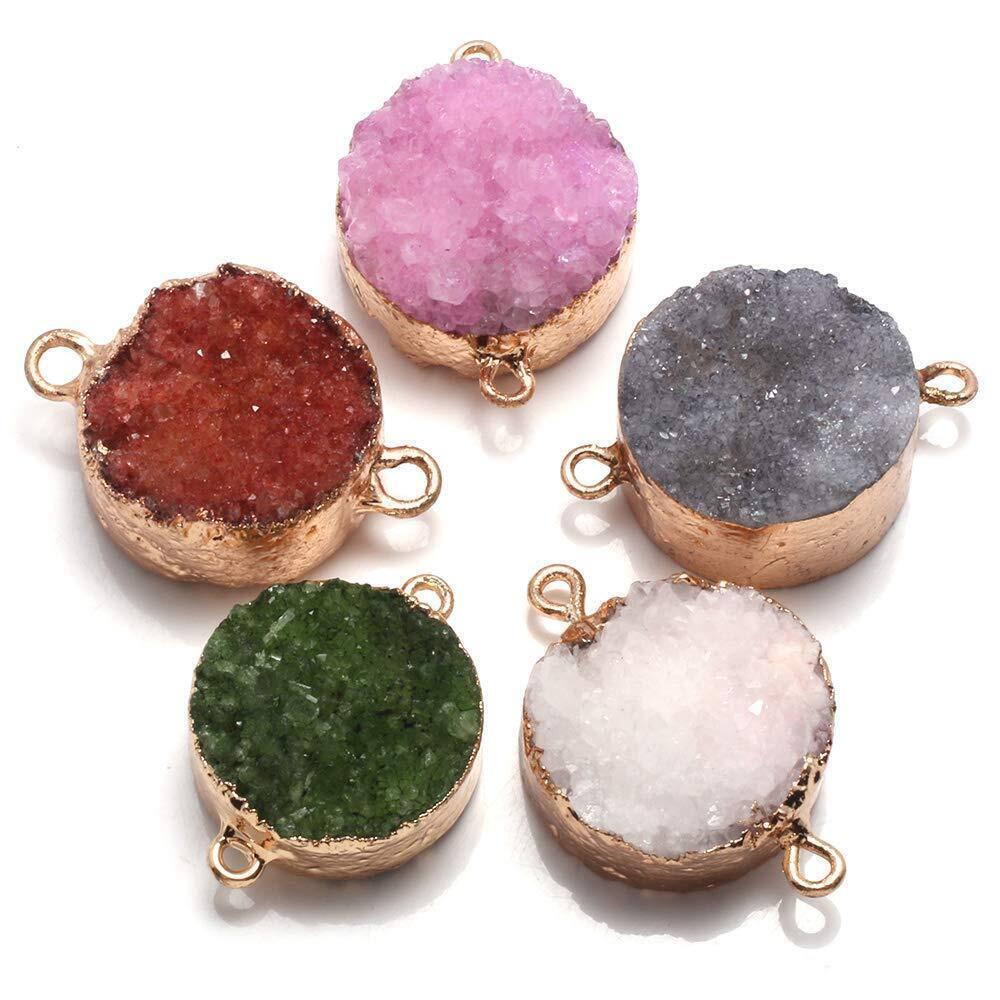 9158 5Pcs Natural Stone Connectors Round Druzy Geode Agate Pendant Charms